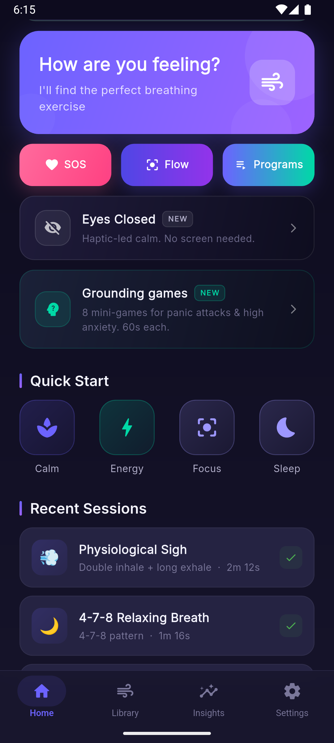 Coheran home screen with Quick Start chips and Recent Sessions including Physiological Sigh
