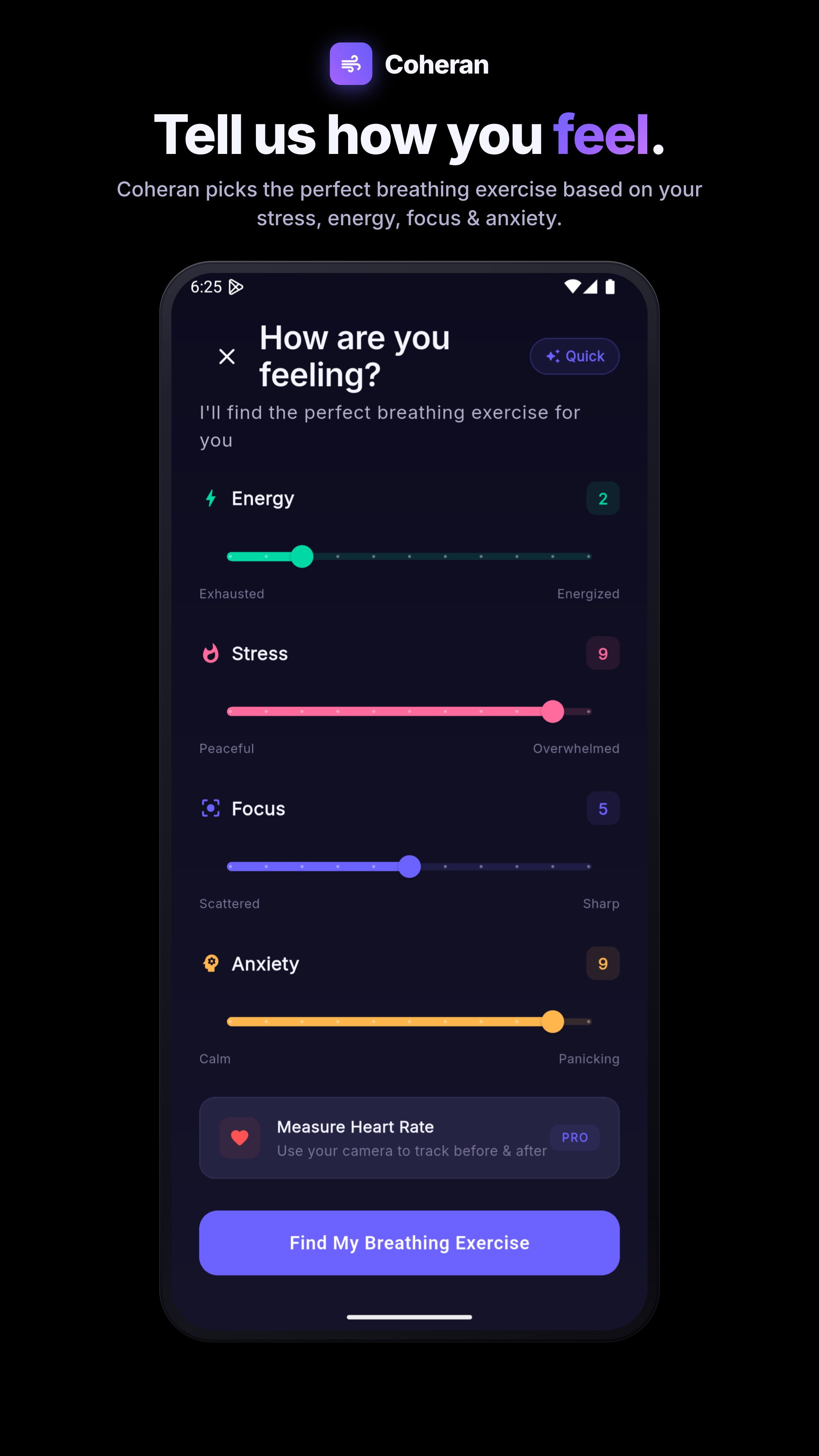 Mood check-in screen with energy, stress, focus and anxiety sliders