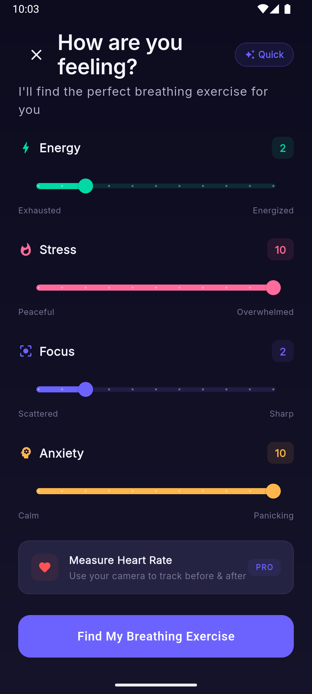 Mood check-in with high stress and anxiety sliders during a panic moment