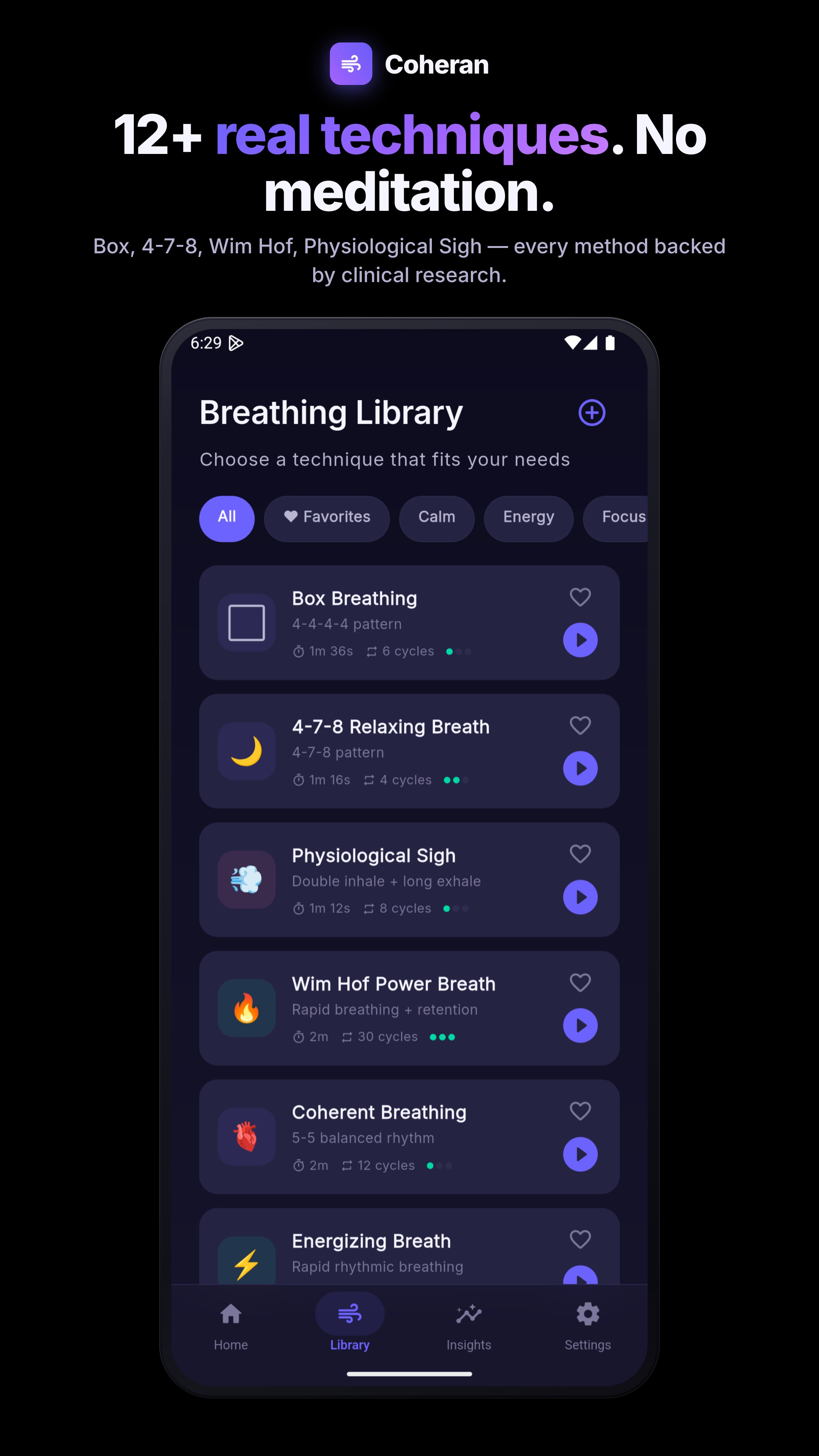 Breathing library showing Box Breathing, 4-7-8, Physiological Sigh, Wim Hof and more
