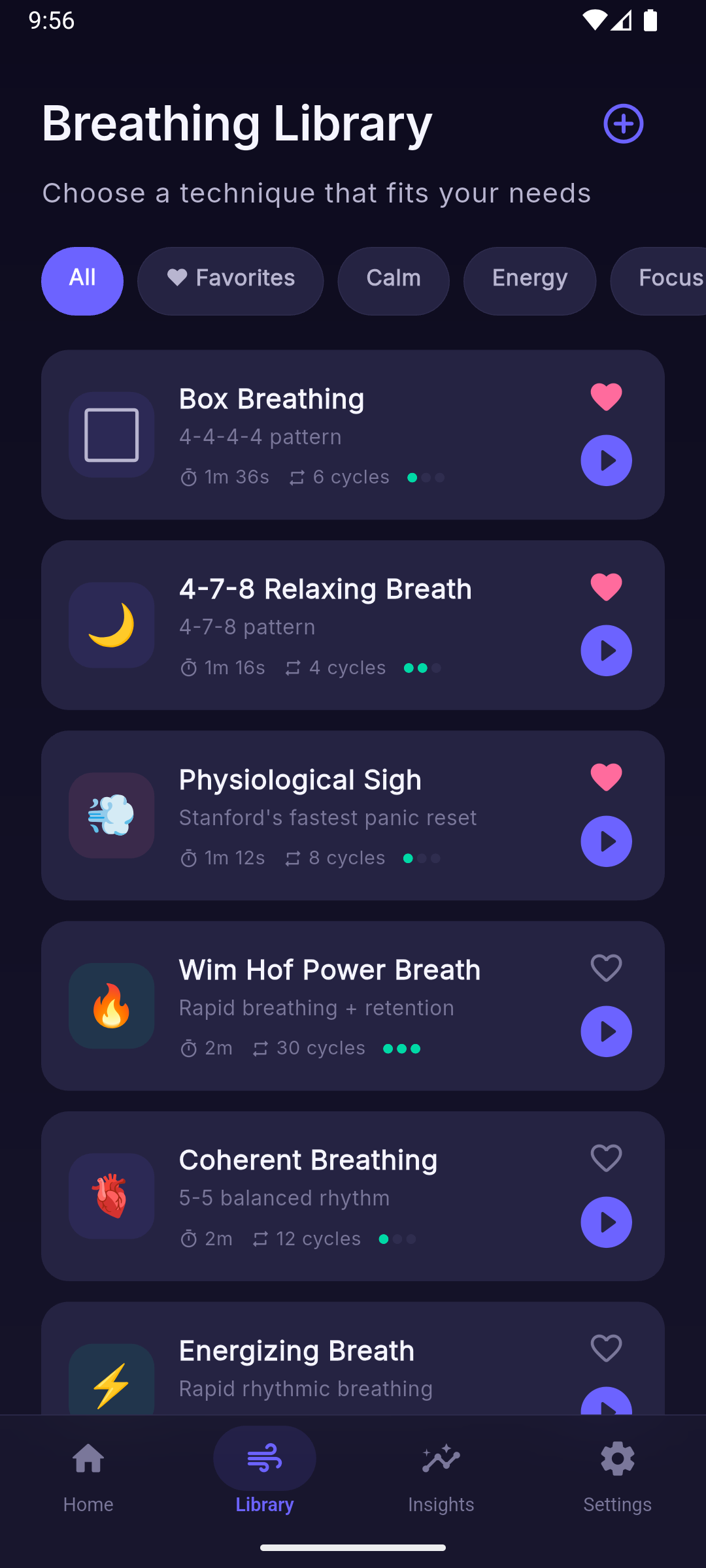 Breathing library with Physiological Sigh, 4-7-8, Box Breathing, Wim Hof, and more techniques