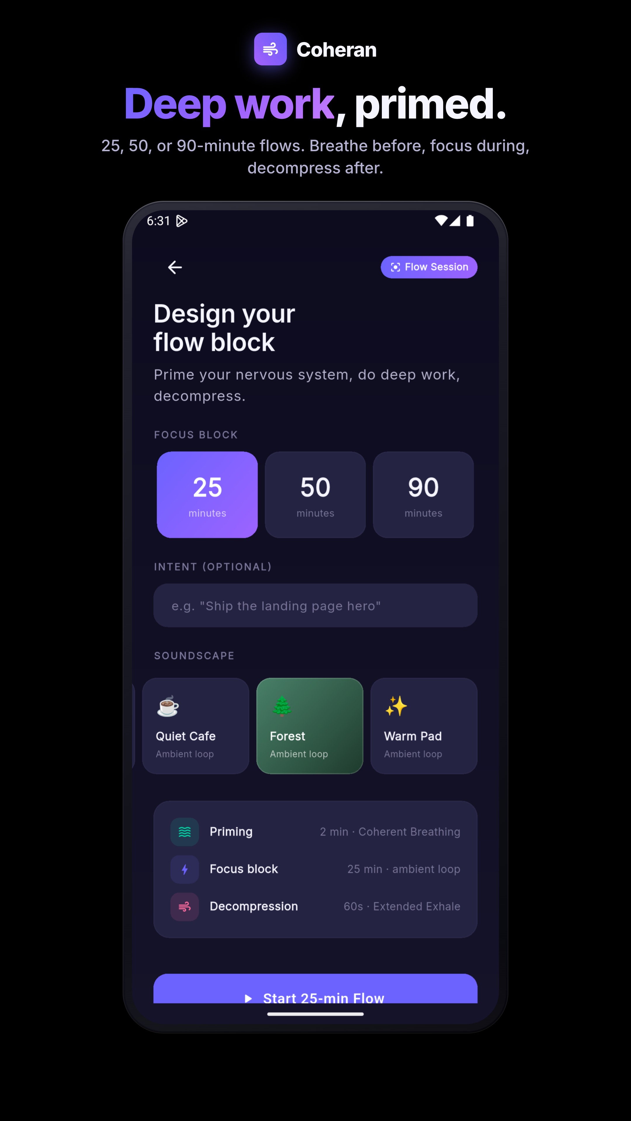 Flow Mode setup screen with 25, 50, 90 minute blocks and soundscape options