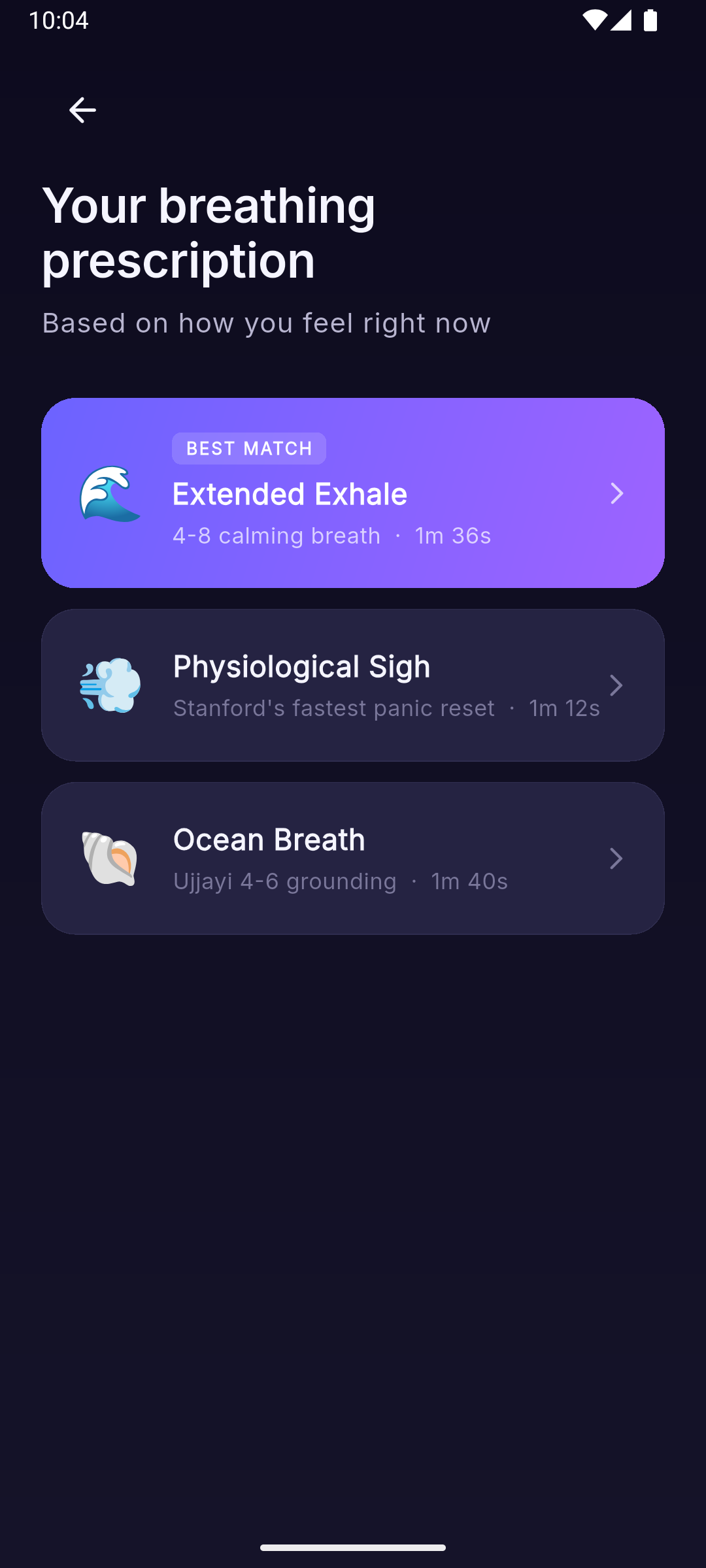 Breathing prescription screen recommending Physiological Sigh based on mood check-in