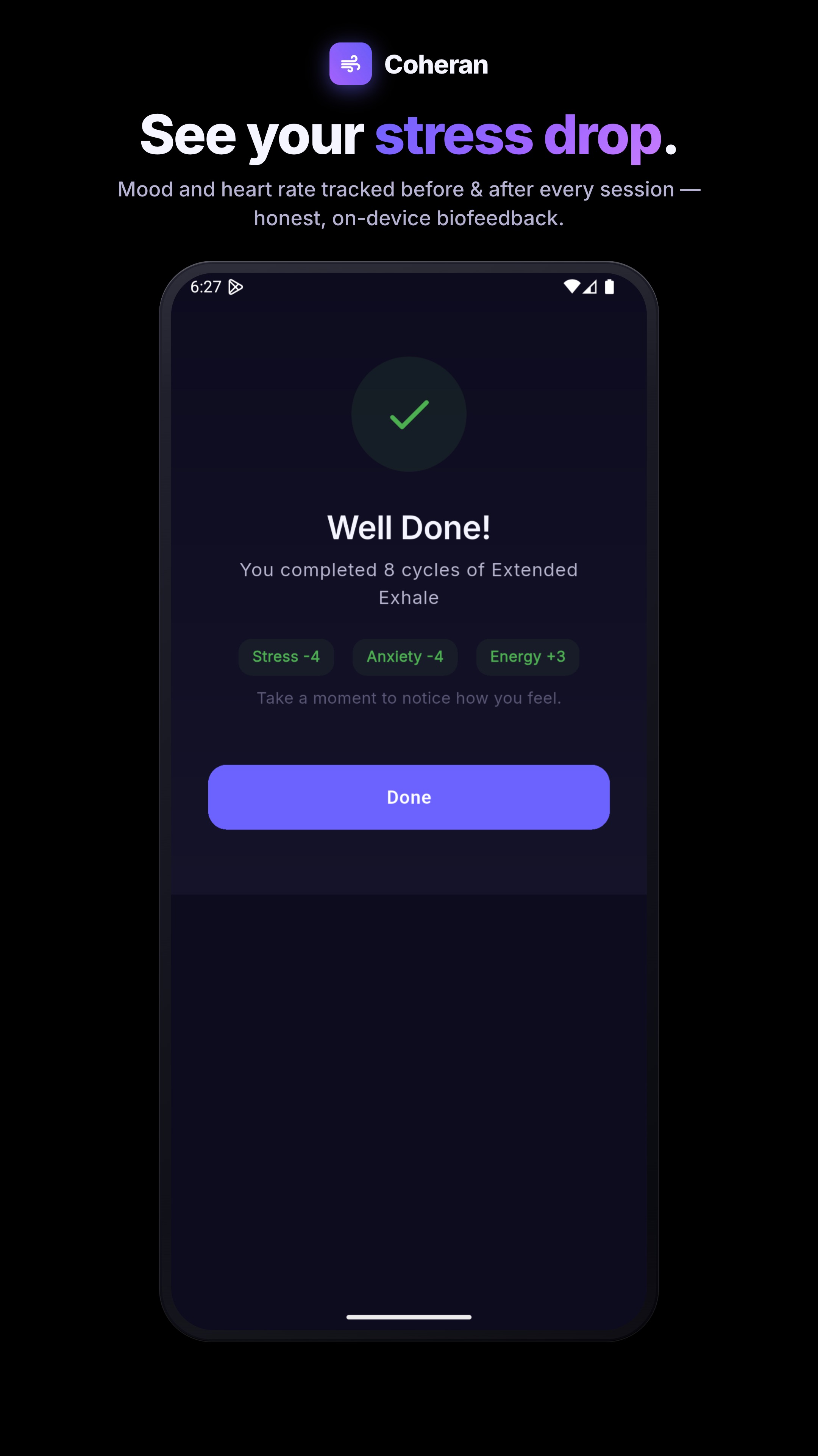 Session completion screen showing -4 stress, -4 anxiety, +3 energy after Extended Exhale