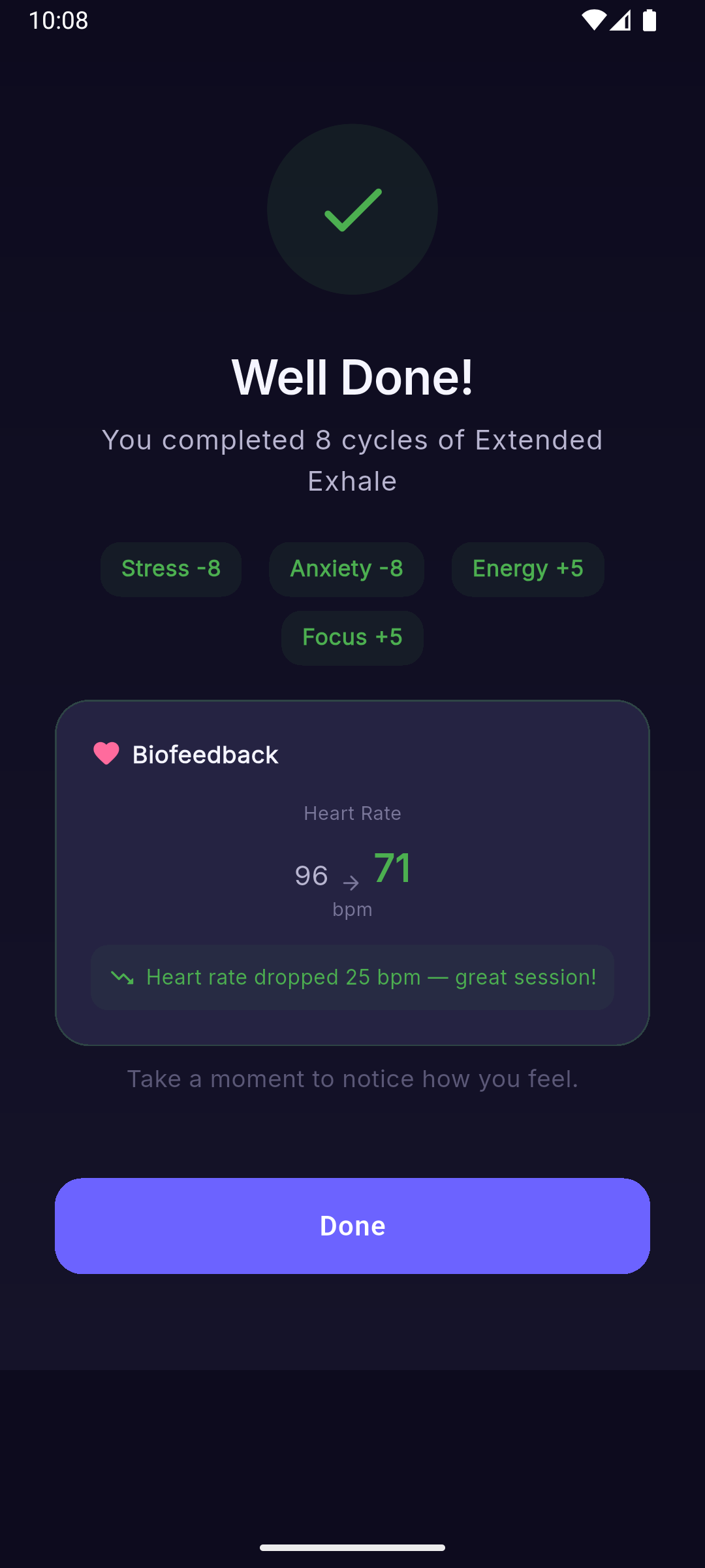 Session complete showing heart rate dropped from 96 to 71 bpm with stress and anxiety improvements