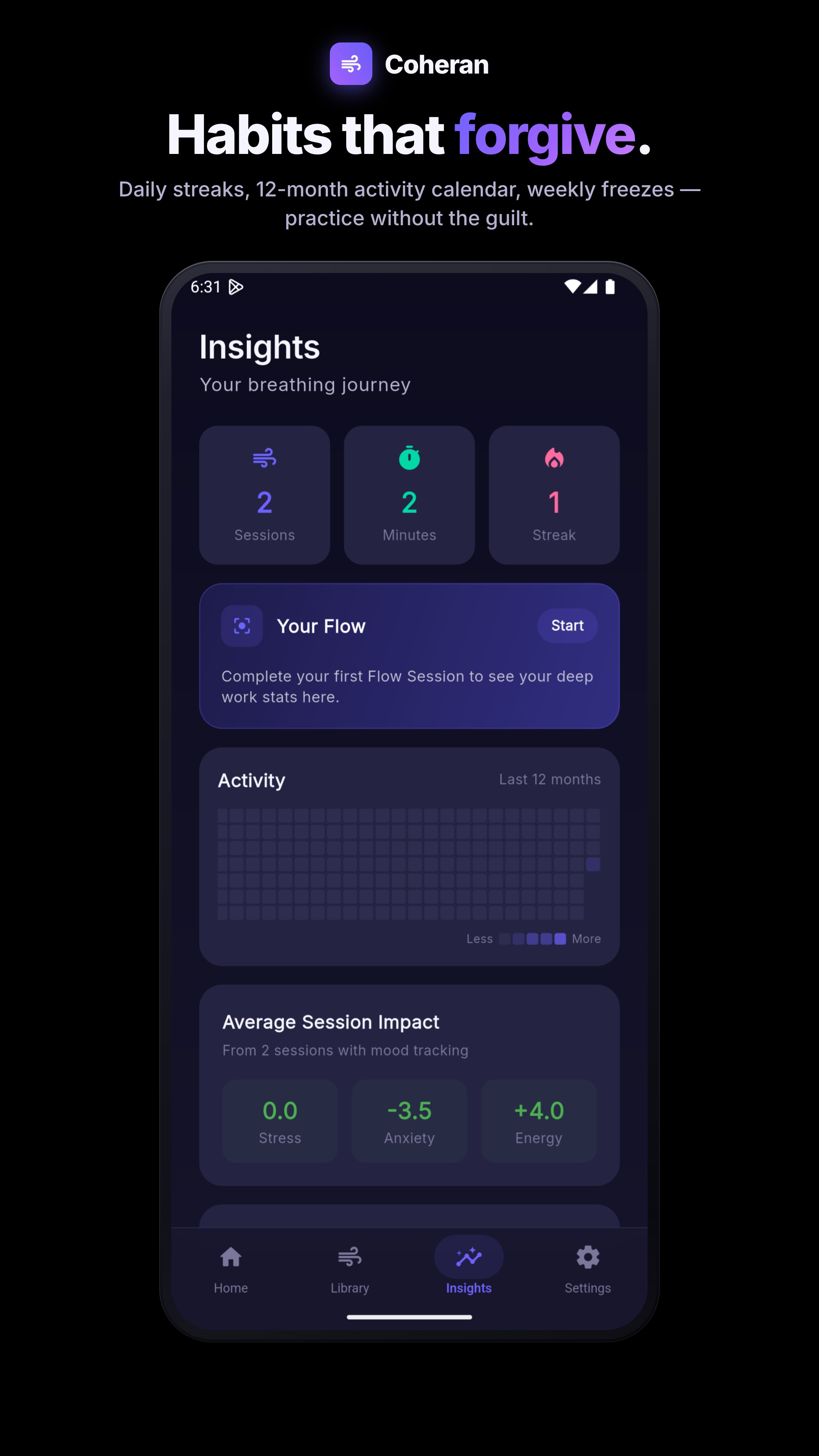 Insights screen with sessions, minutes, streak, and 12-month activity heatmap