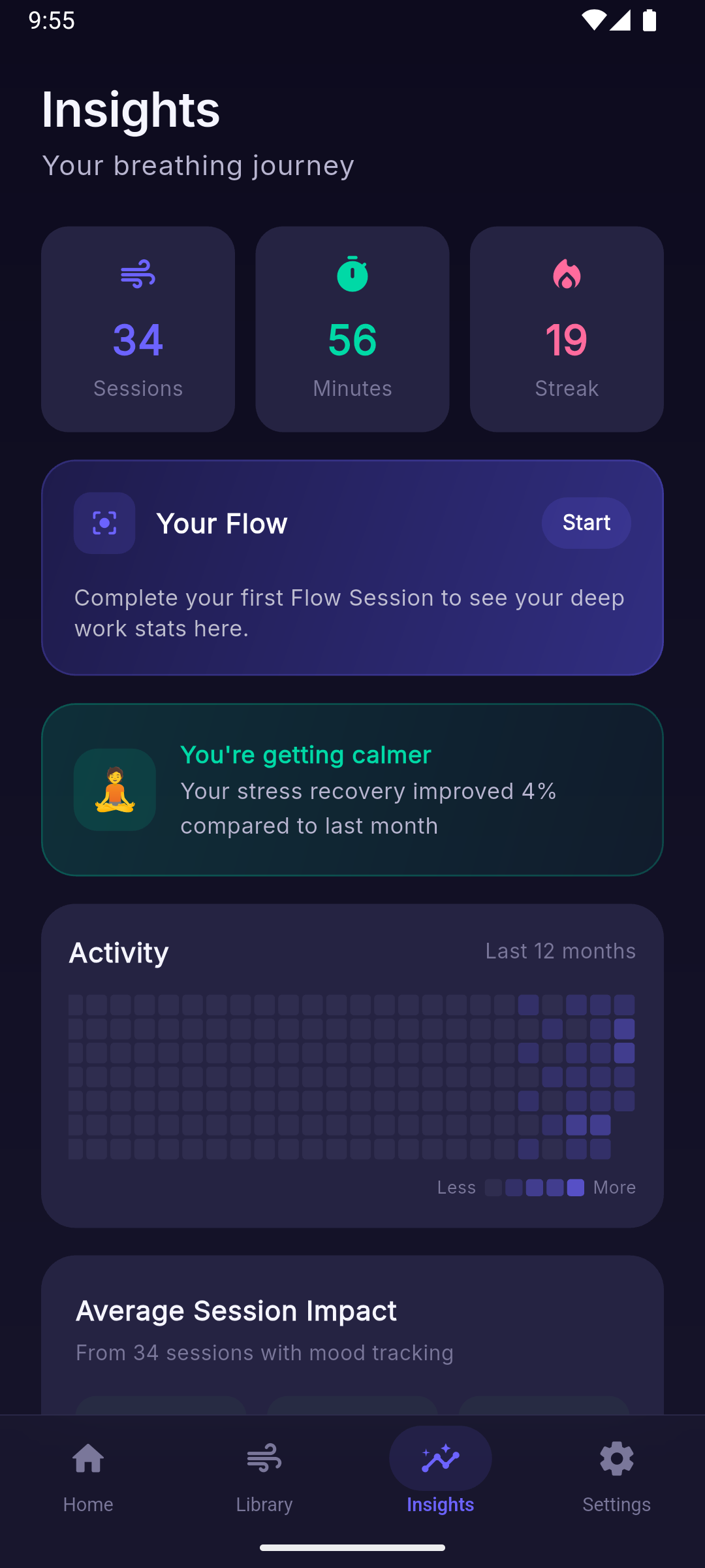 Streaks and activity calendar showing daily breathing habit with forgiveness freezes