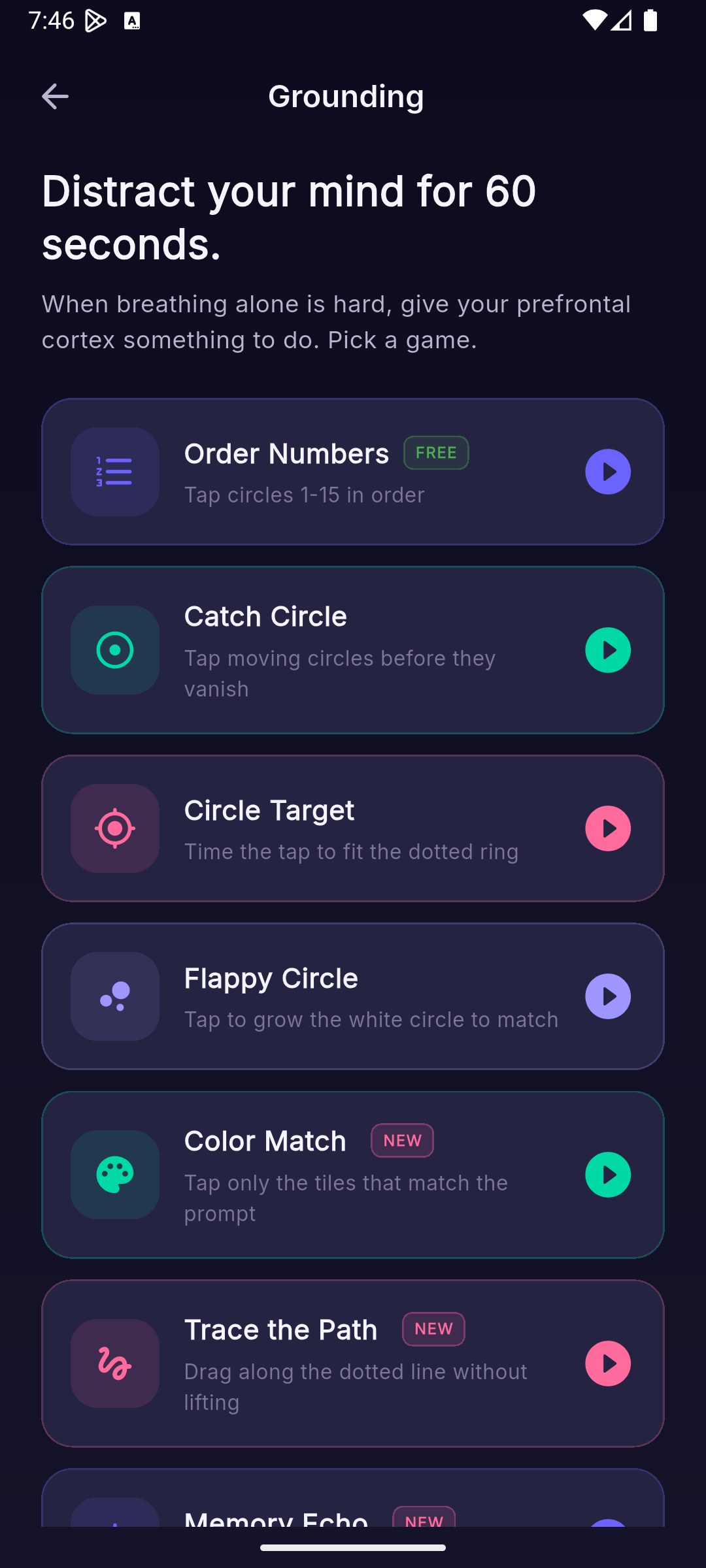 Grounding games library showing Order Numbers, Catch Circle, Circle Target, Flappy Circle and more