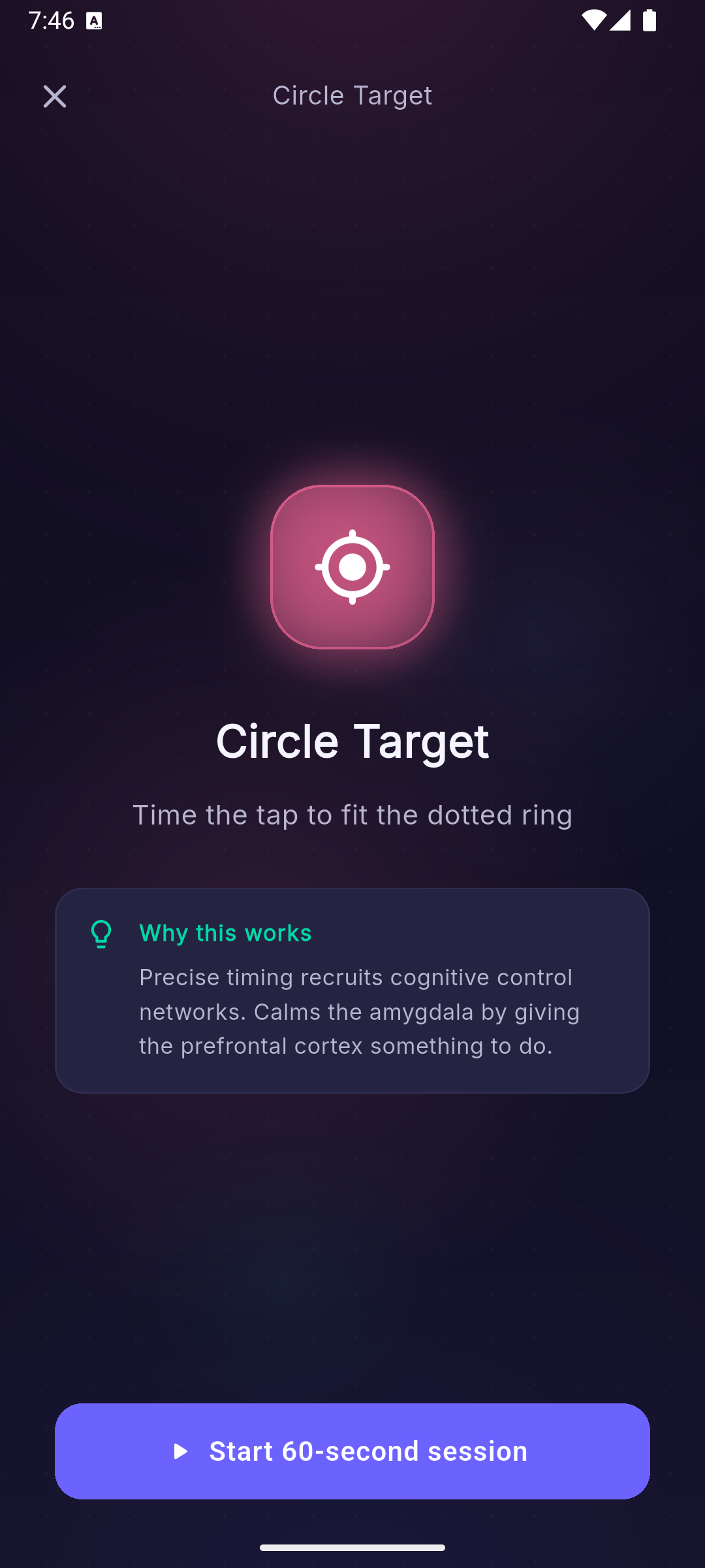 Circle Target grounding game — time the tap to fit the dotted ring